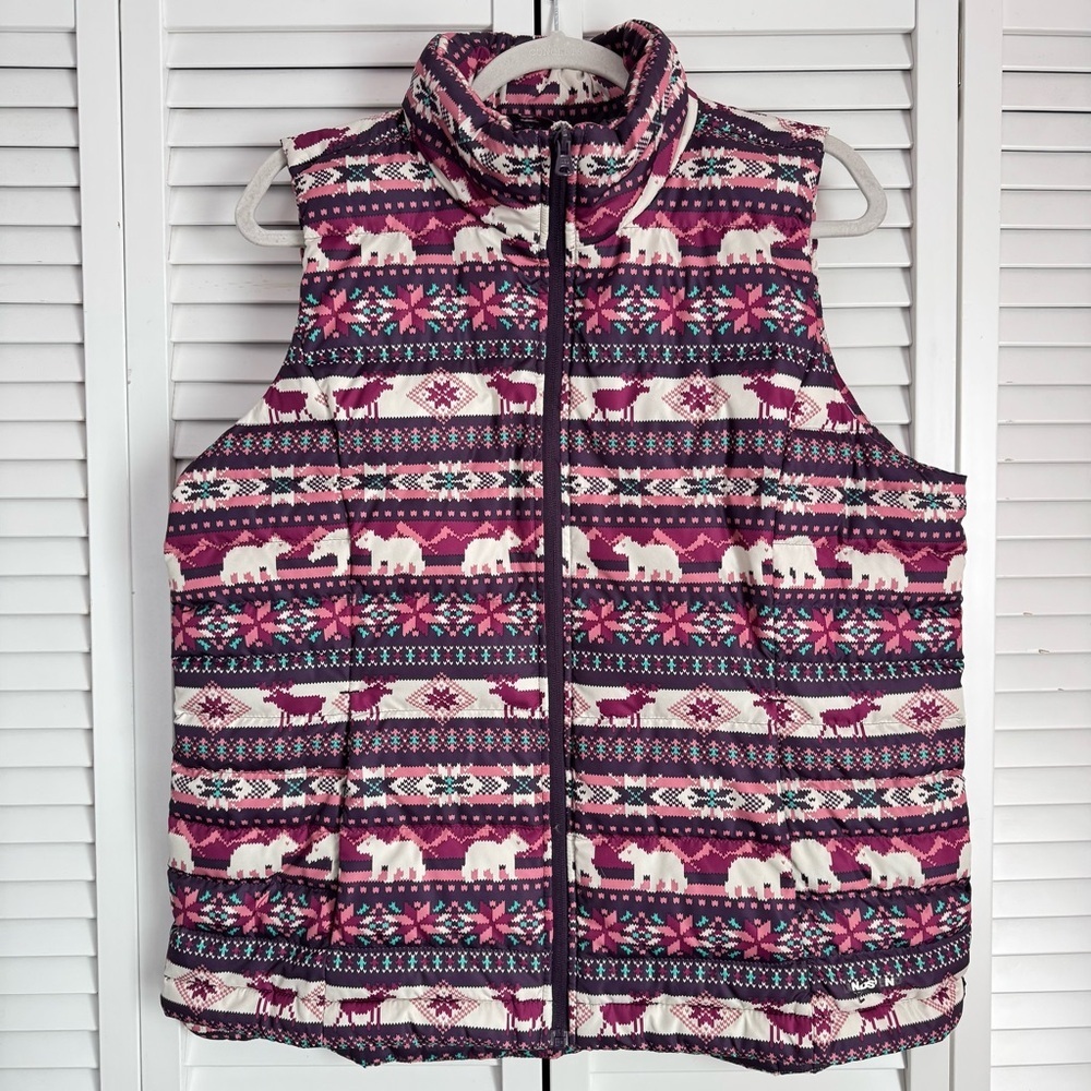 Landsโ End Fair Isle Down Puffer Vest Purple Novelty Moose Bear Purple Large